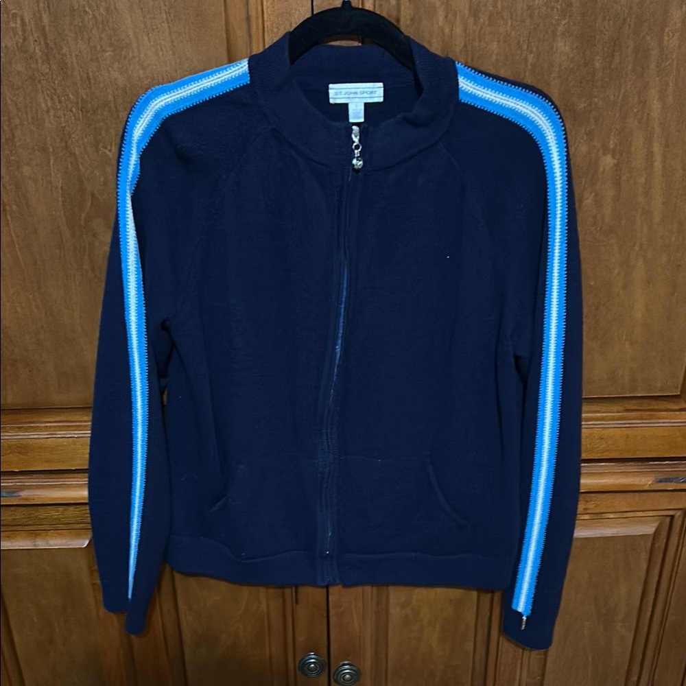 St. John Navy Blue Cardigan with Light Blue Stripes